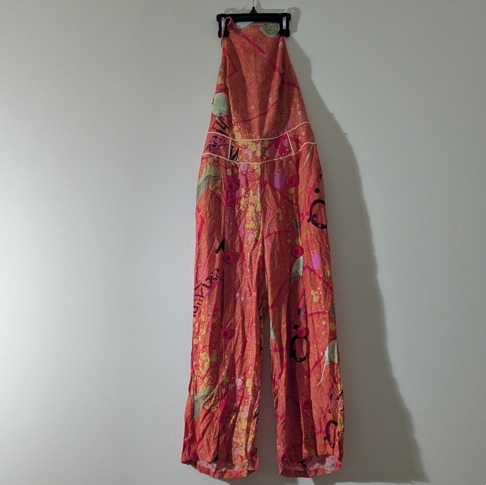 Vtg Poema Multicolor Abstract Jumpsuit Hippie Festival Wear Lightweight